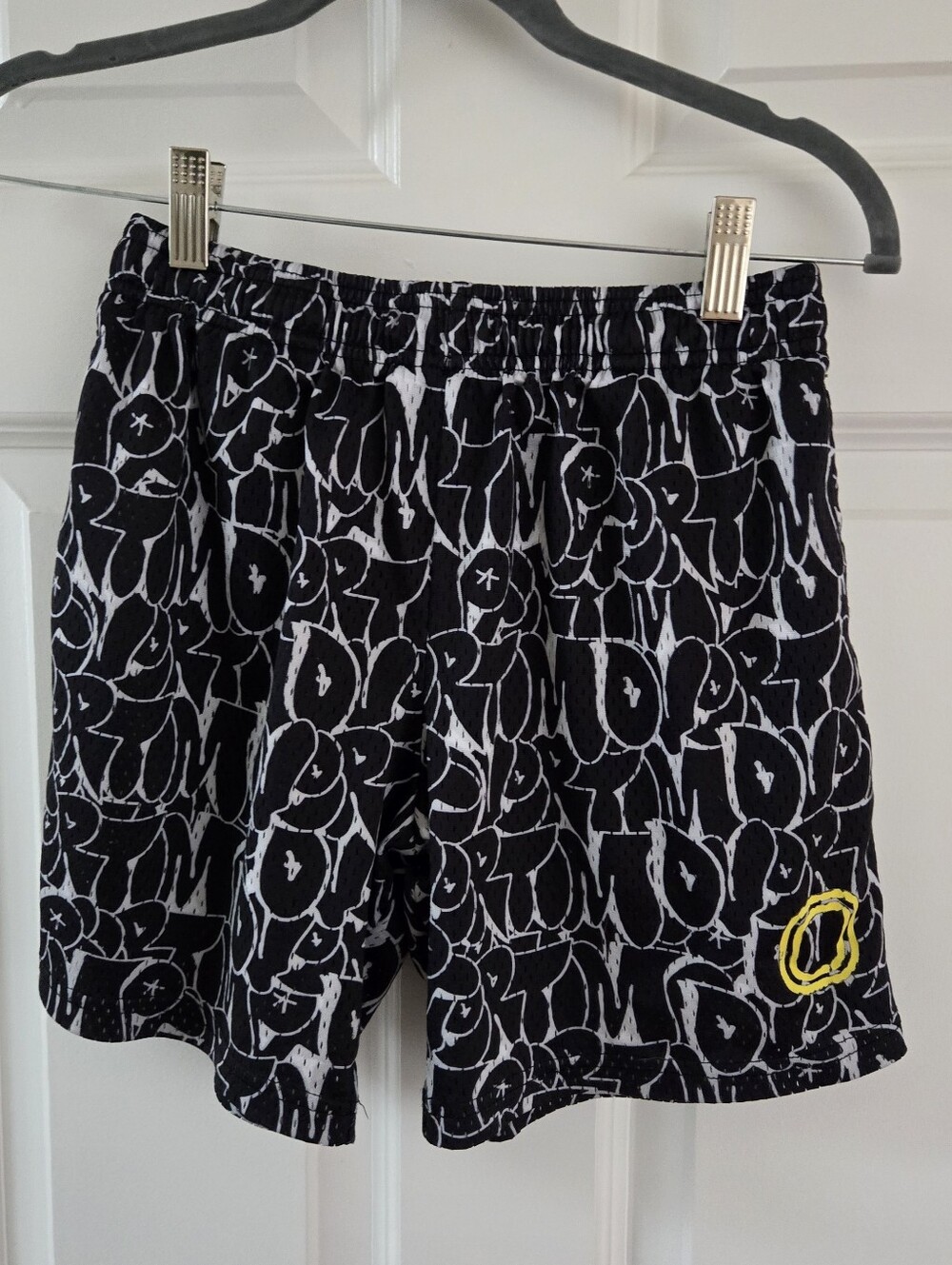 Overtime OT Graffiti Print Mesh Basketball Shorts Black White Yellow YXL